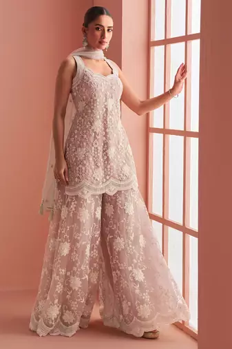 Mauve embroidery & sequins net straight  palazzo  suit- free size stitched(size upto 42")