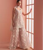 Mauve embroidery & sequins net straight palazzo suit- free size stitched(size upto 42")