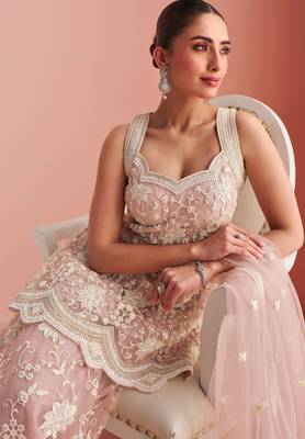 Mauve embroidery & sequins net straight palazzo suit- free size stitched(size upto 42") 2
