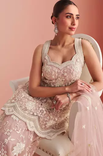 Mauve embroidery & sequins net straight palazzo suit- free size stitched(size upto 42")