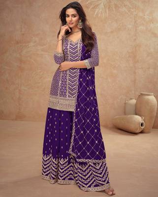 Purple embroidery & sequins chinnon silk straight palazzo suit- free size stitched(size upto 42") 1