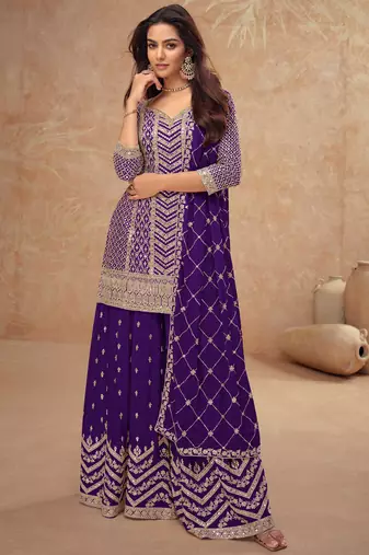 Purple embroidery & sequins chinnon silk straight palazzo suit- free size stitched(size upto 42")