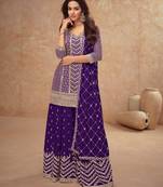 Purple embroidery & sequins chinnon silk straight palazzo suit- free size stitched(size upto 42")