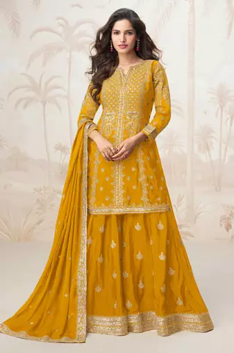 Yellow zari embroidery & sequence work chinnon silk straight palazzo suit- free size stitched(size upto 42")