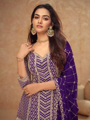Purple embroidery & sequins chinnon silk straight palazzo suit- free size stitched(size upto 42") 2