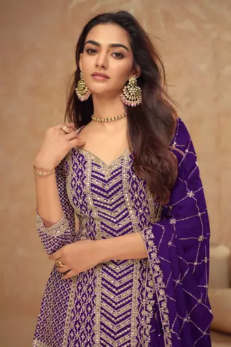 Purple embroidery & sequins chinnon silk straight palazzo suit- free size stitched(size upto 42")