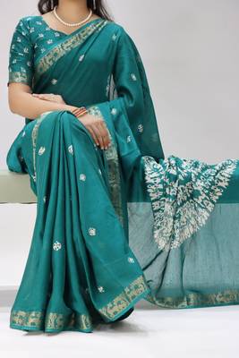 rama color shibori printed mull jacquard saree with unstitched blouse 1