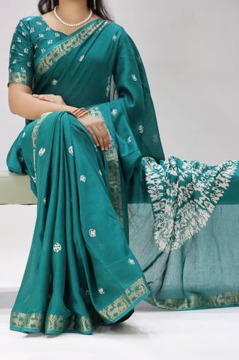rama color shibori printed mull jacquard saree with unstitched blouse