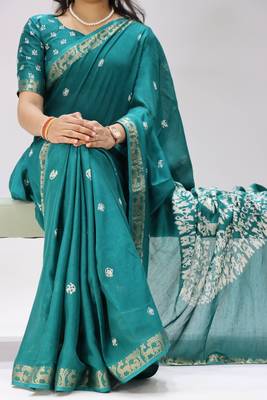 rama color shibori printed mull jacquard saree with unstitched blouse 2
