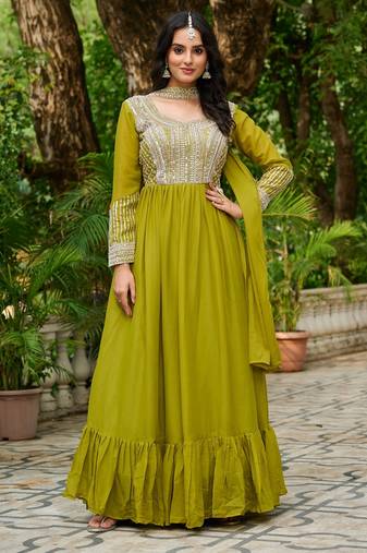 Perot Green Star Georgette Beads & Sequins Embroidered Gown | Festive & Party Wear Designer Outfit