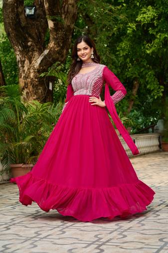 Pink Star Georgette Gown with Beads & Sequins Embroidery and Matching Dupatta