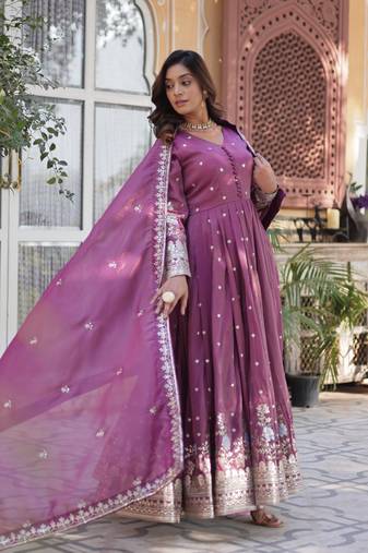 Onion Pink Viscose Cosmos Embroidered Gown with Zari & Sequins Work and Lace-Border Dupatta