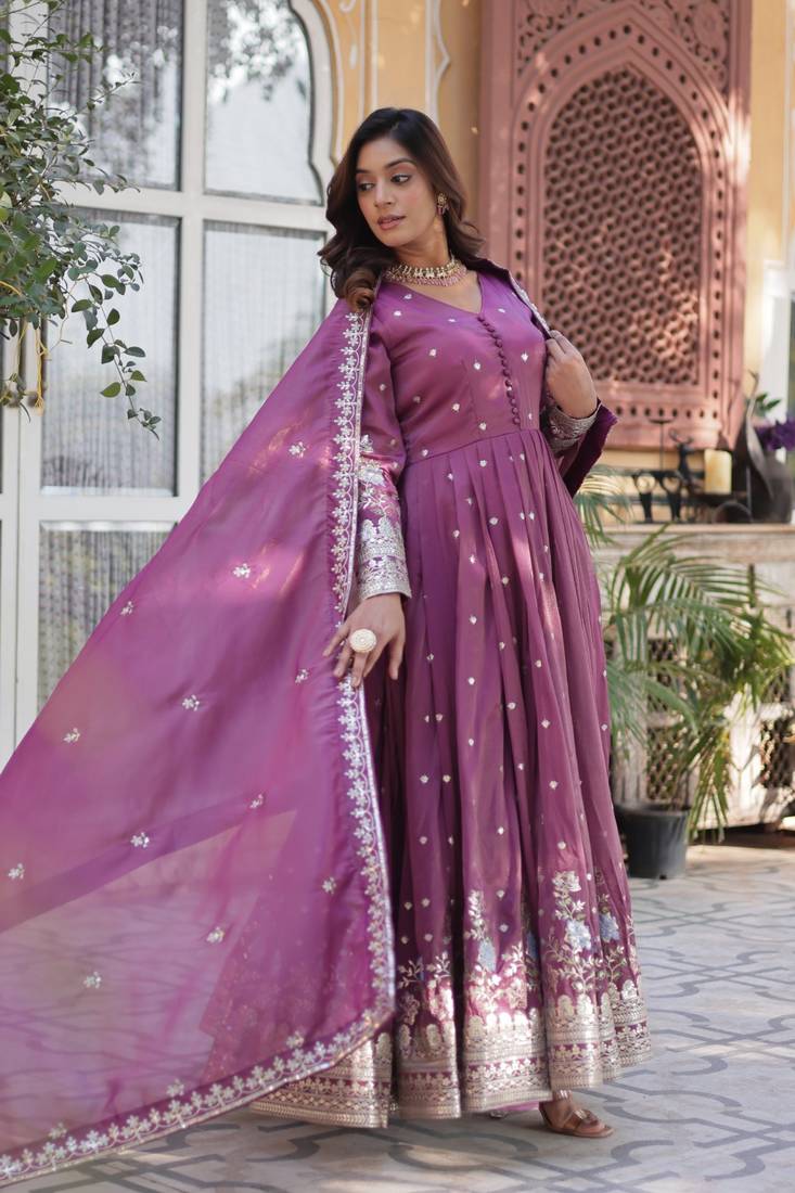 Onion Pink Viscose Cosmos Embroidered Gown with Zari & Sequins Work and Lace-Border Dupatta