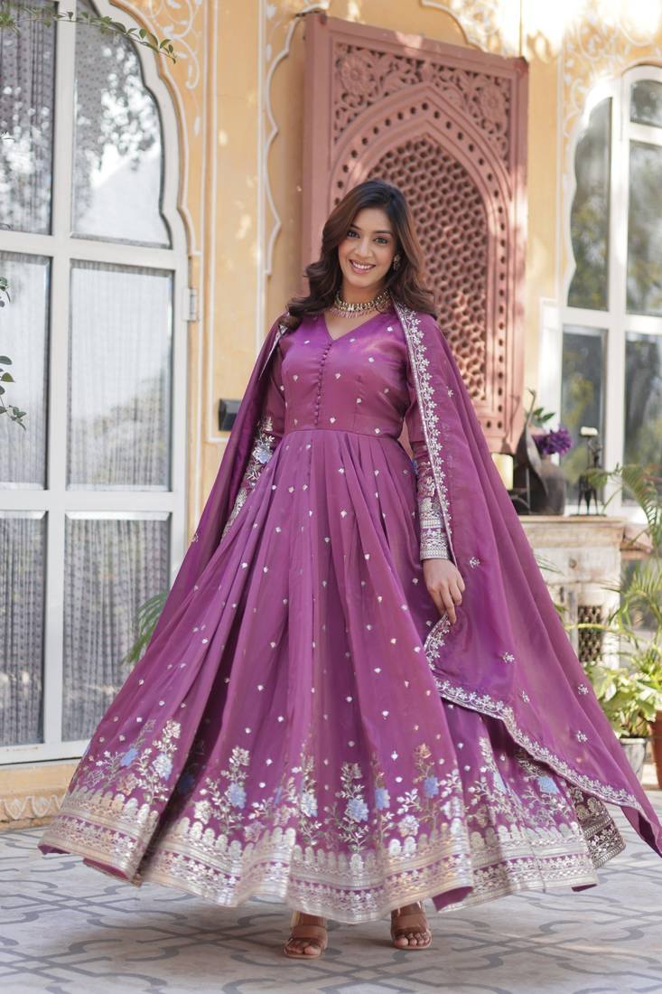 Onion Pink Viscose Cosmos Embroidered Gown with Zari & Sequins Work and Lace-Border Dupatta