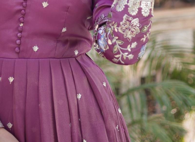 Onion Pink Viscose Cosmos Embroidered Gown with Zari & Sequins Work and Lace-Border Dupatta