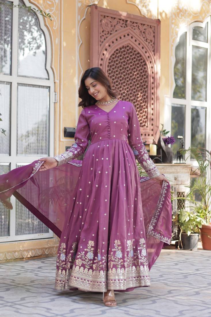 Onion Pink Viscose Cosmos Embroidered Gown with Zari & Sequins Work and Lace-Border Dupatta