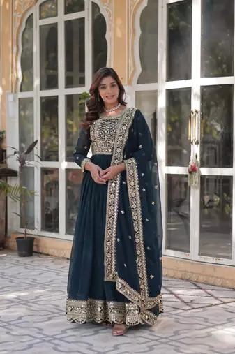 Rama Faux Blooming Embroidered Gown with Zari   Sequins Work & Matching Lace-Border Dupatta