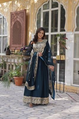 Rama Faux Blooming Embroidered Gown with Zari   Sequins Work & Matching Lace-Border Dupatta 2
