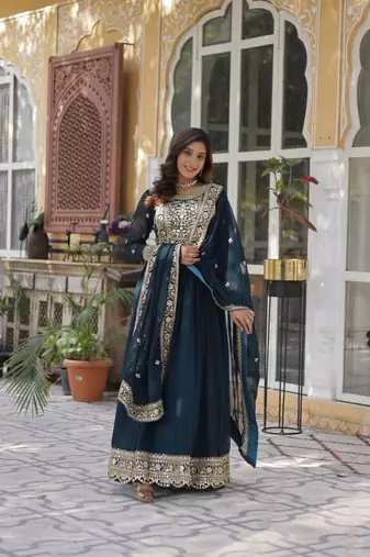 Rama Faux Blooming Embroidered Gown with Zari   Sequins Work & Matching Lace-Border Dupatta