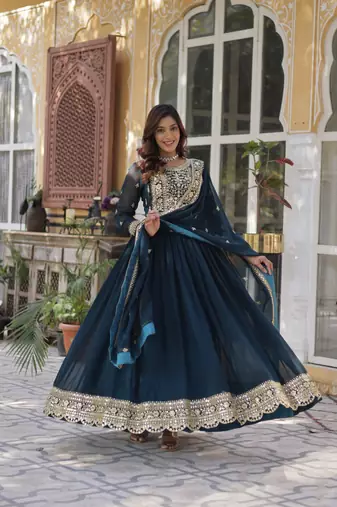 Rama Faux Blooming Embroidered Gown with Zari   Sequins Work & Matching Lace-Border Dupatta