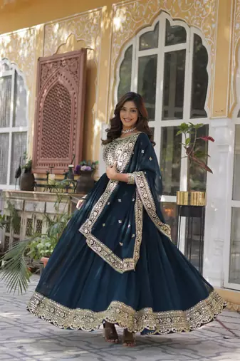 Rama Faux Blooming Embroidered Gown with Zari   Sequins Work & Matching Lace-Border Dupatta