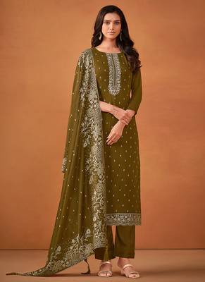 Olive green embroidered georgette straight cut salwar kameez for eid 1
