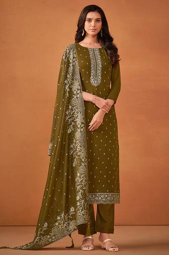 Olive green embroidered georgette straight cut salwar kameez for eid
