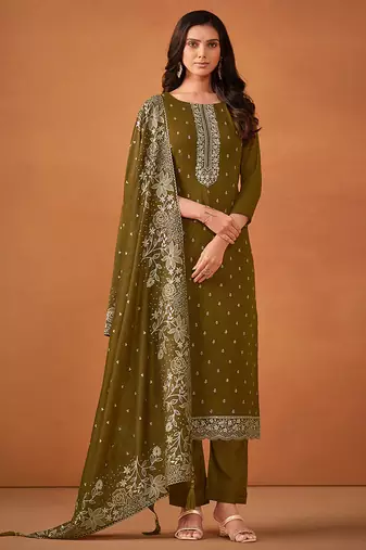 Olive green embroidered georgette straight cut salwar kameez for eid