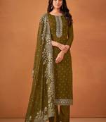 Olive green embroidered georgette straight cut salwar kameez for eid