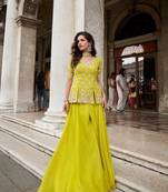 Lime yellow organza peplum palazzo suit with zari sequins bead and thread work free-size stitched.