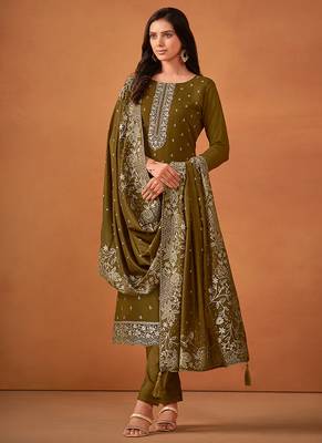 Olive green embroidered georgette straight cut salwar kameez for eid 2