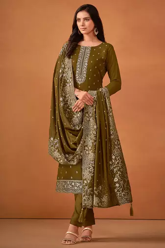 Olive green embroidered georgette straight cut salwar kameez for eid
