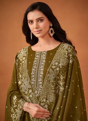 Olive green embroidered georgette straight cut salwar kameez for eid 3