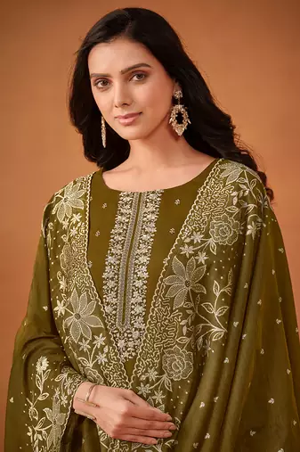 Olive green embroidered georgette straight cut salwar kameez for eid
