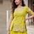 Lime yellow organza peplum palazzo suit with zari, sequins, bead and thread work, free-size stitched.