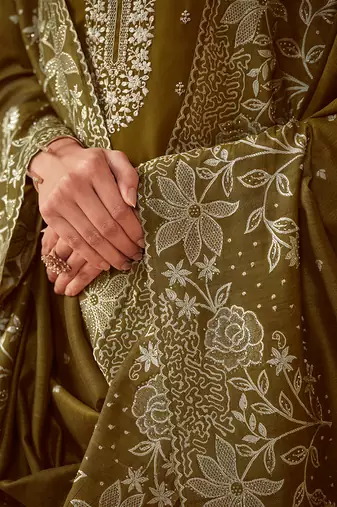 Olive green embroidered georgette straight cut salwar kameez for eid