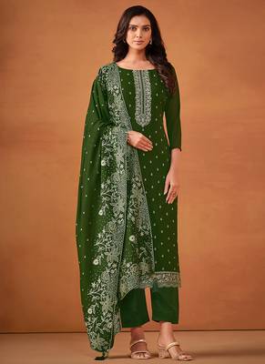 Green embroidered georgette straight cut eid wear salwar kameez 1