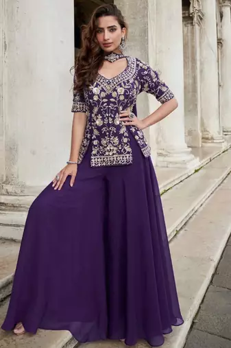 Deep purple organza peplum palazzo suit with zari sequins beads and thread work free-size stitched.