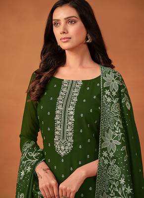 Green embroidered georgette straight cut eid wear salwar kameez 2