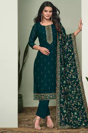 Green embroidered georgette straight cut salwar kameez for eid