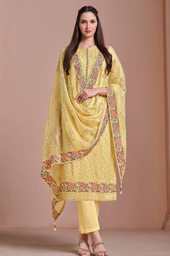Yellow embroidered chiffon straight cut party wear salwar kameez