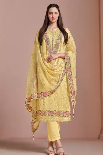 Yellow embroidered chiffon straight cut party wear salwar kameez