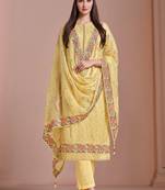 Yellow embroidered chiffon straight cut party wear salwar kameez