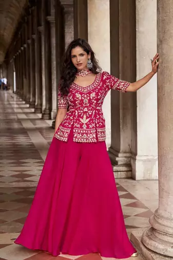 Magenta organza peplum palazzo suit with zari sequins beads and thread work free-size stitched.