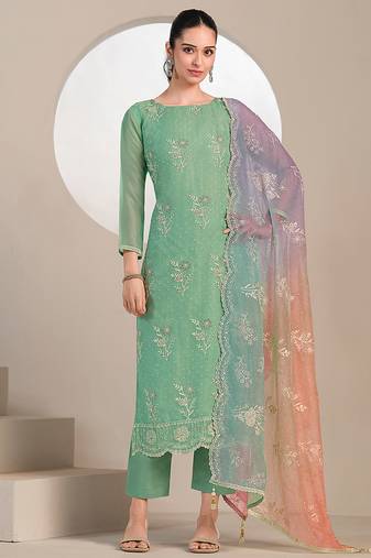 Green embroidered & jarkan work organza straight cut suits