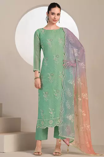 Green embroidered & jarkan work organza straight cut suits