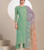Green embroidered & jarkan work organza straight cut suits