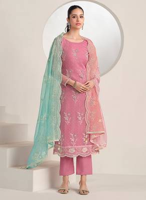 Pink embroidered & jarkan work organza straight cut suits for women 1