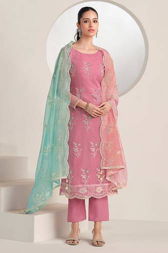 Pink embroidered & jarkan work organza straight cut suits for women