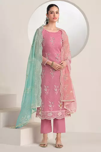 Pink embroidered & jarkan work organza straight cut suits for women